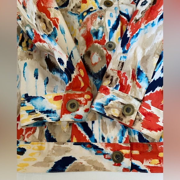 Chicos Womens Artsy cotton spandex multicolor jacket sz 2 ( M) Metal Button Up - Picture 12 of 15